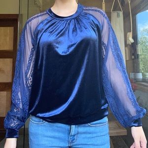 Navy Blue Velvet and Lace Long Sleeve